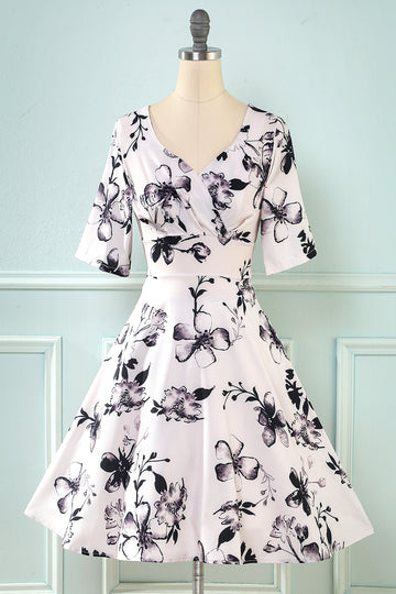 Dekolt w serek z półrękawem Biały nadruk vintage sukienka